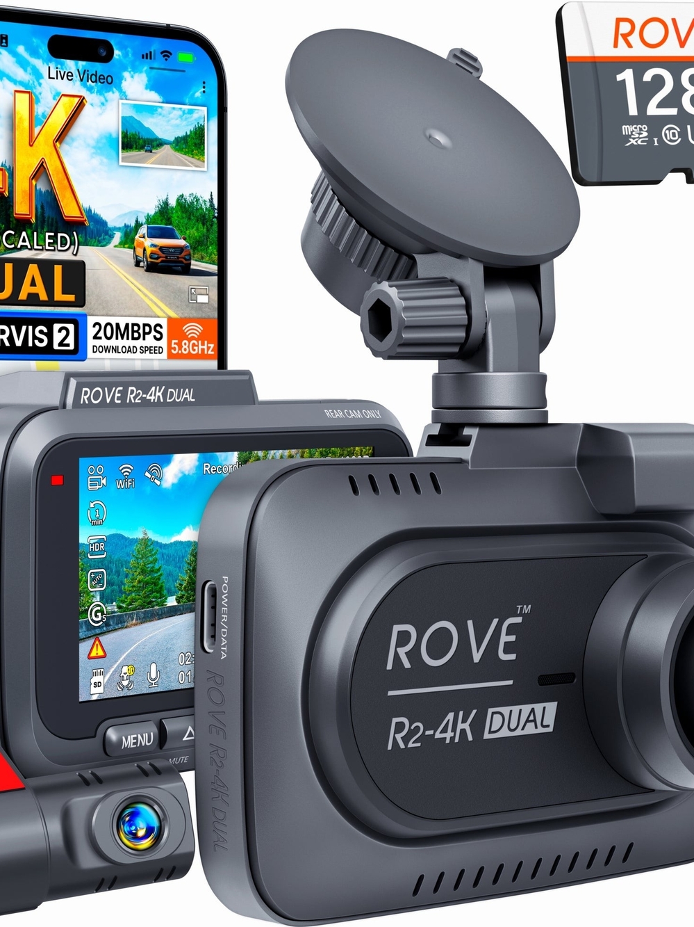 ROVE R2-4K Dual Dash Cam — Charcoal Gray (New In Box)